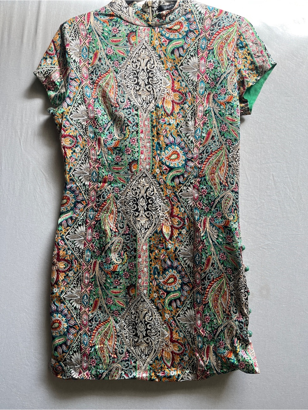 Asia.a 100% Silk Mandarin Collar Paisley Mini Dress Cheongsam Style S